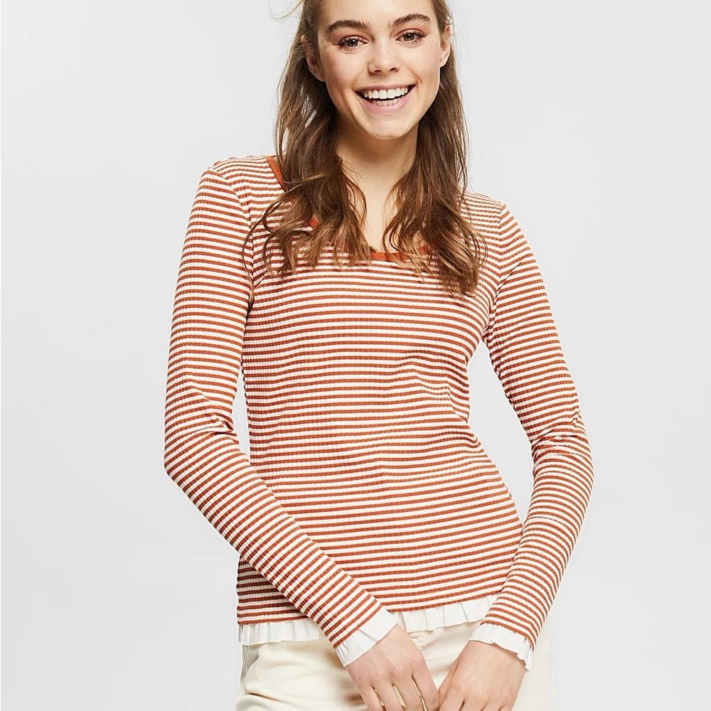 Esprit Orange and White Striped Long Sleeve Tee